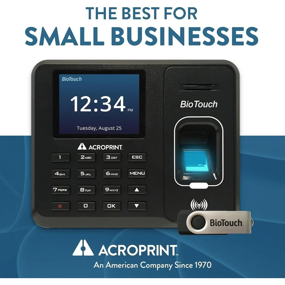 BioTouch Fingerprint Time Clock – Acroprint – No Monthly Fee, USB & Secure Log